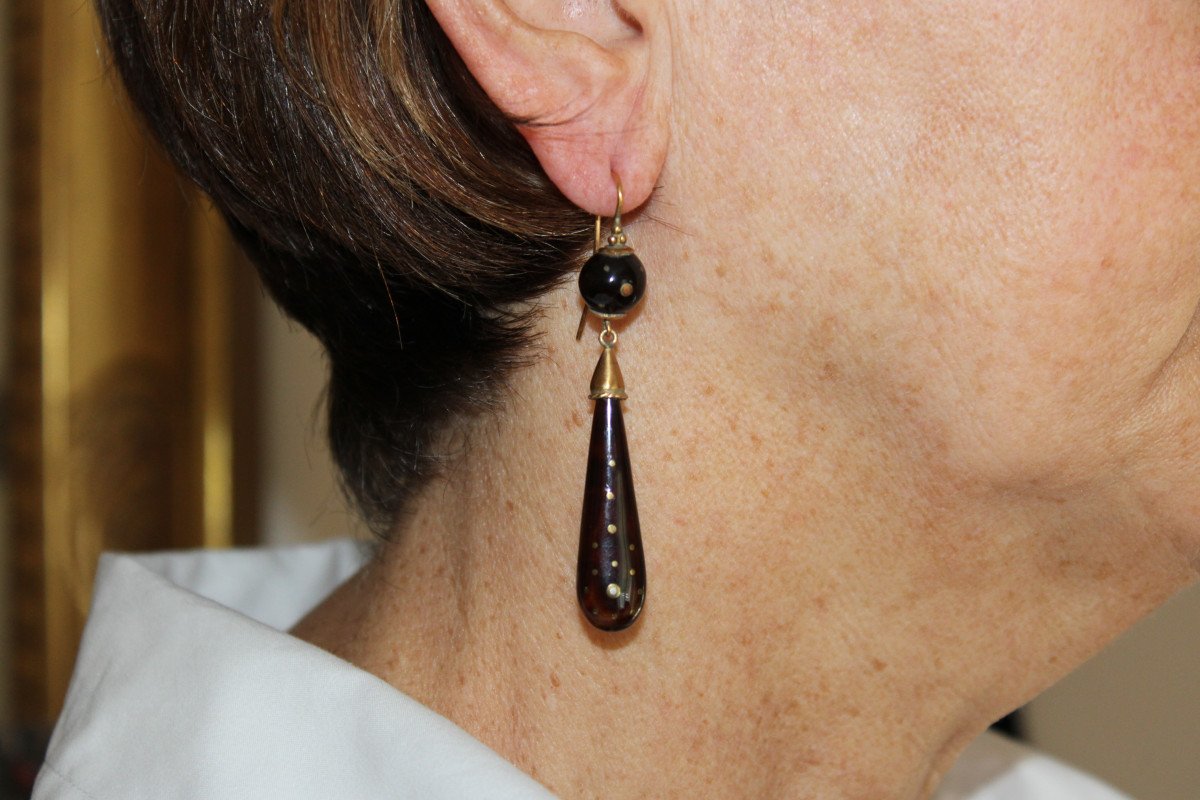 Antique Tortoiseshell Piquè Gold Earrings-photo-4