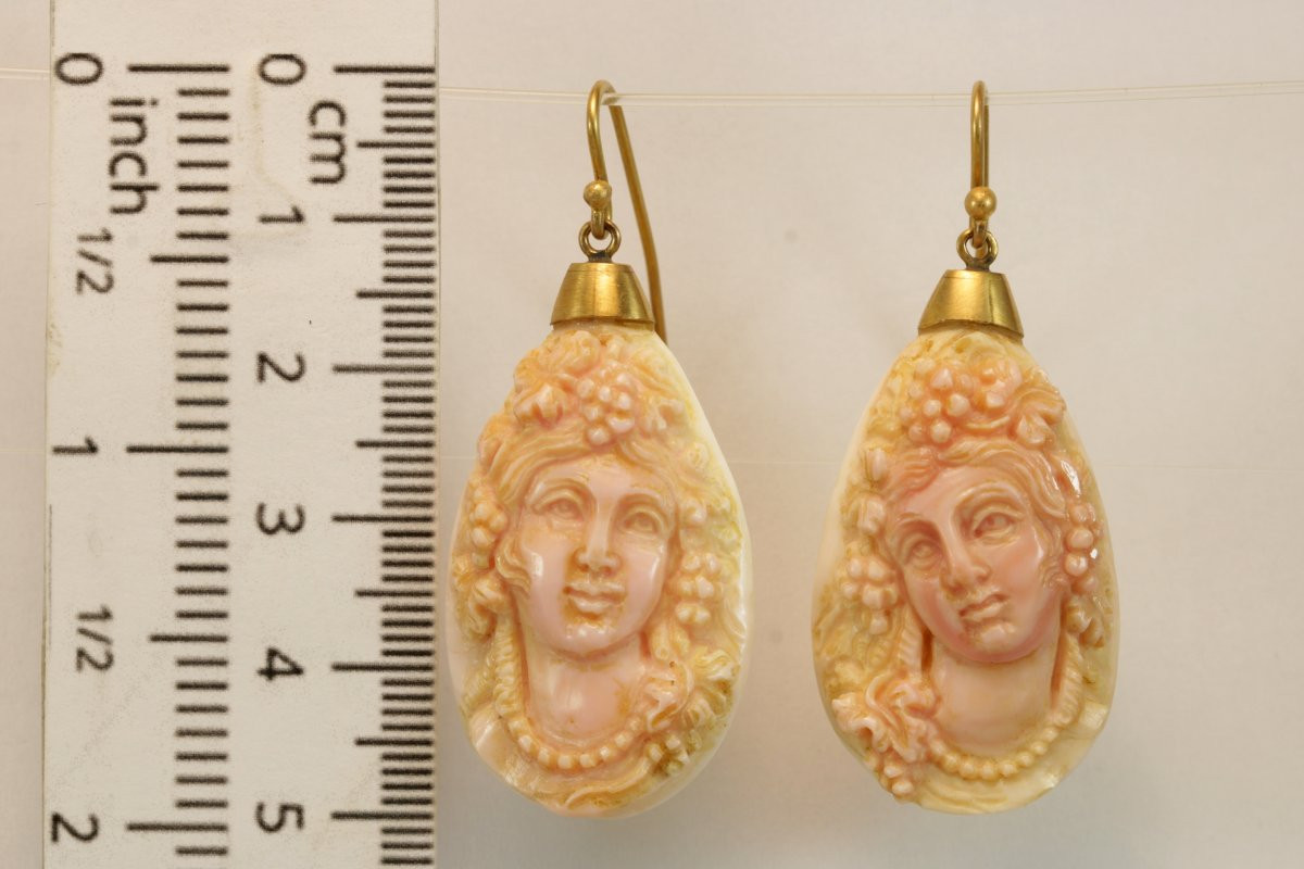 Boucles d'Oreilles Anciennes Or Corail Camee-photo-3