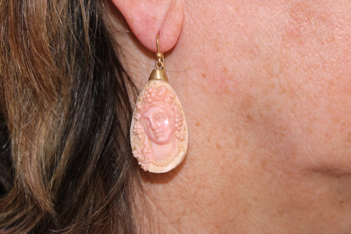 Boucles d'Oreilles Anciennes Or Corail Camee-photo-4