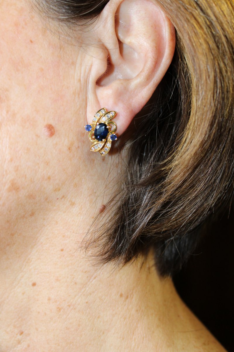 Vintage Gold Sapphires Diamonds Earrings-photo-5