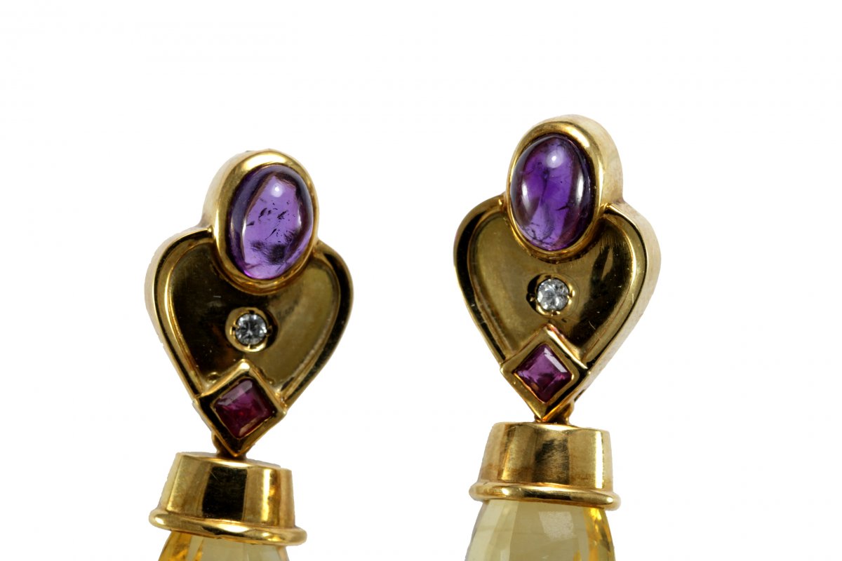 Vintage Citrine Amethyst Diamond Ruby Gold Earrings-photo-4