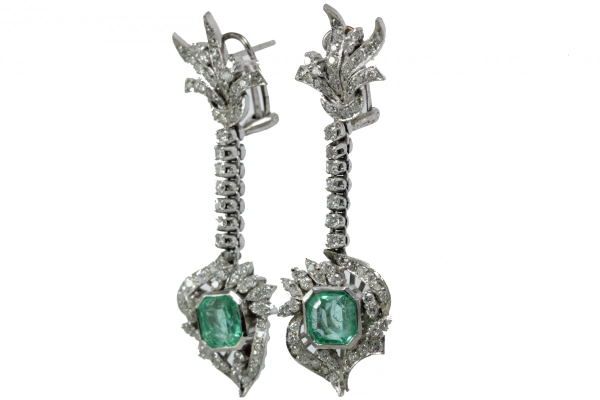 Art Decò Emerald Diamond Platinum Drop Earrings-photo-2