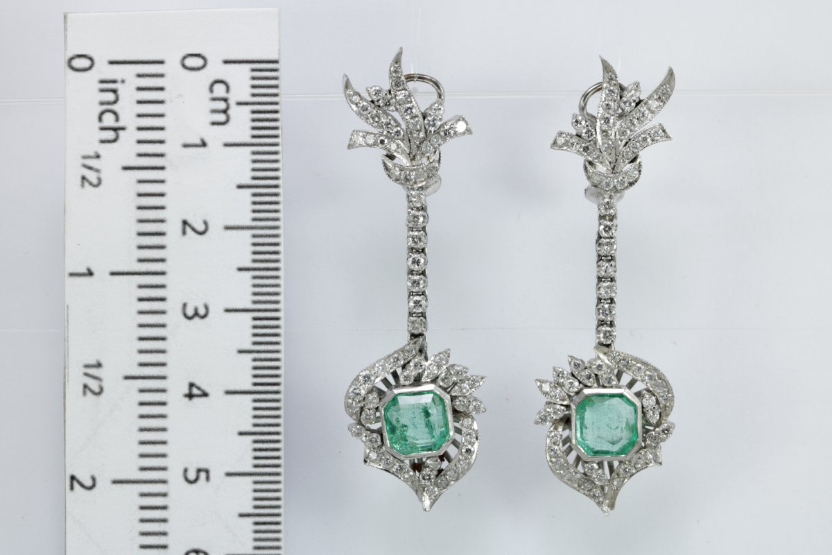 Art Decò Emerald Diamond Platinum Drop Earrings-photo-4