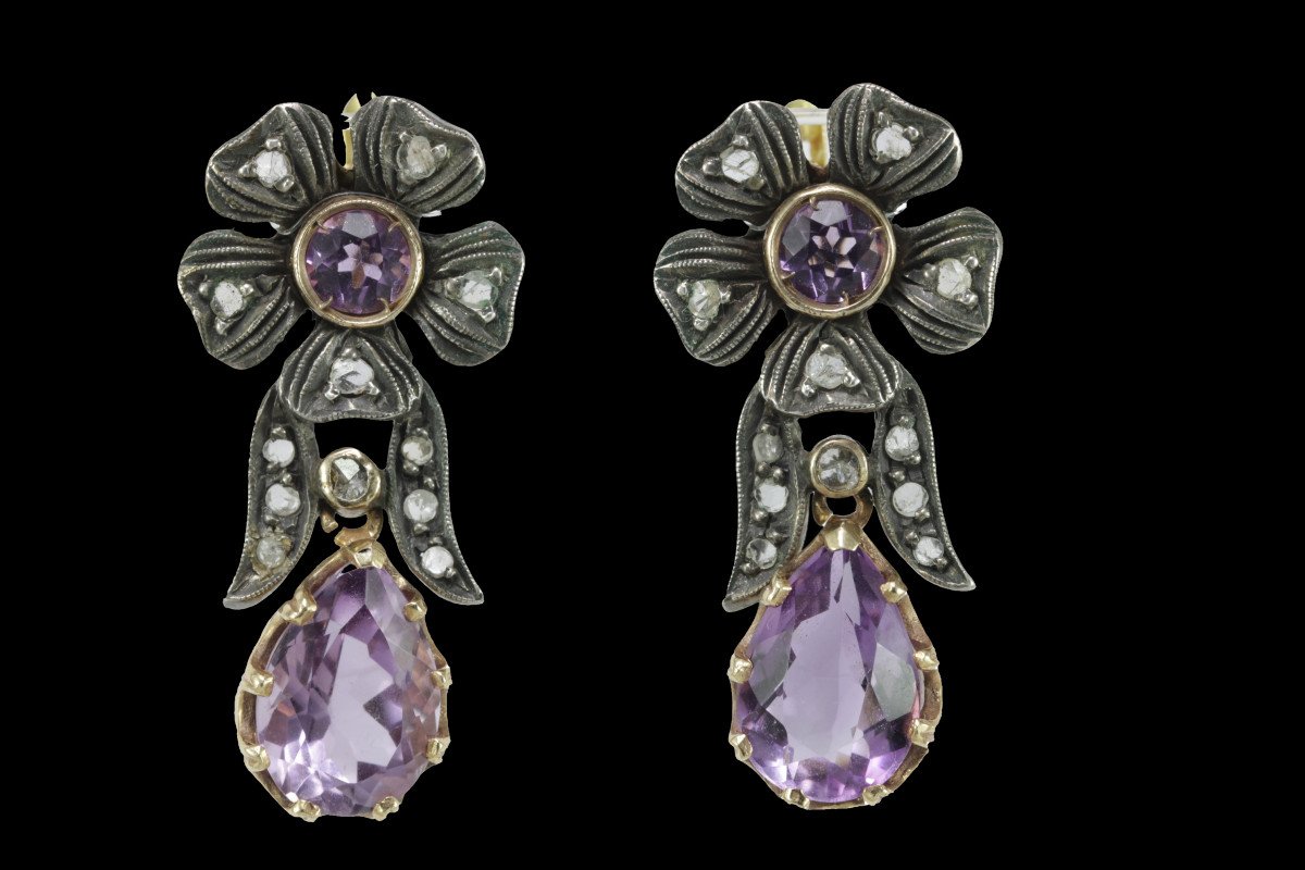 Antique  Amethyst Diamond Gold  Earrings-photo-4