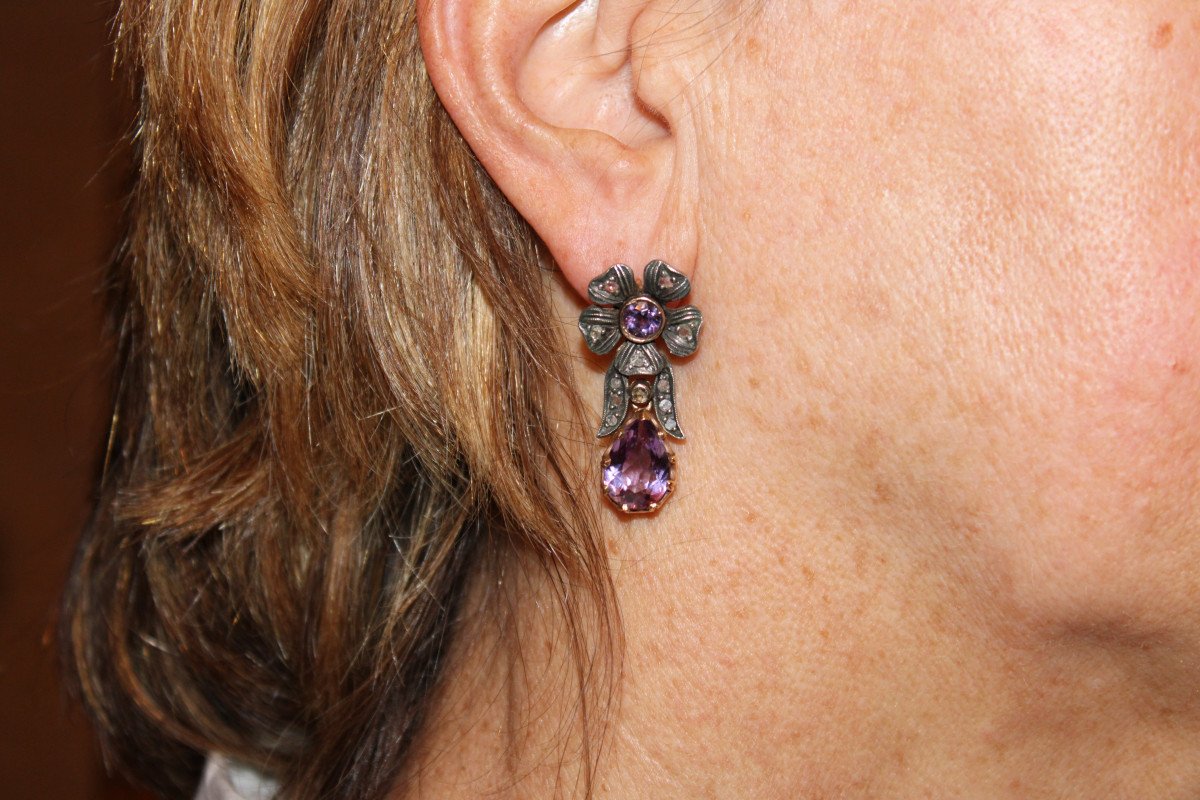 Antique  Amethyst Diamond Gold  Earrings-photo-5