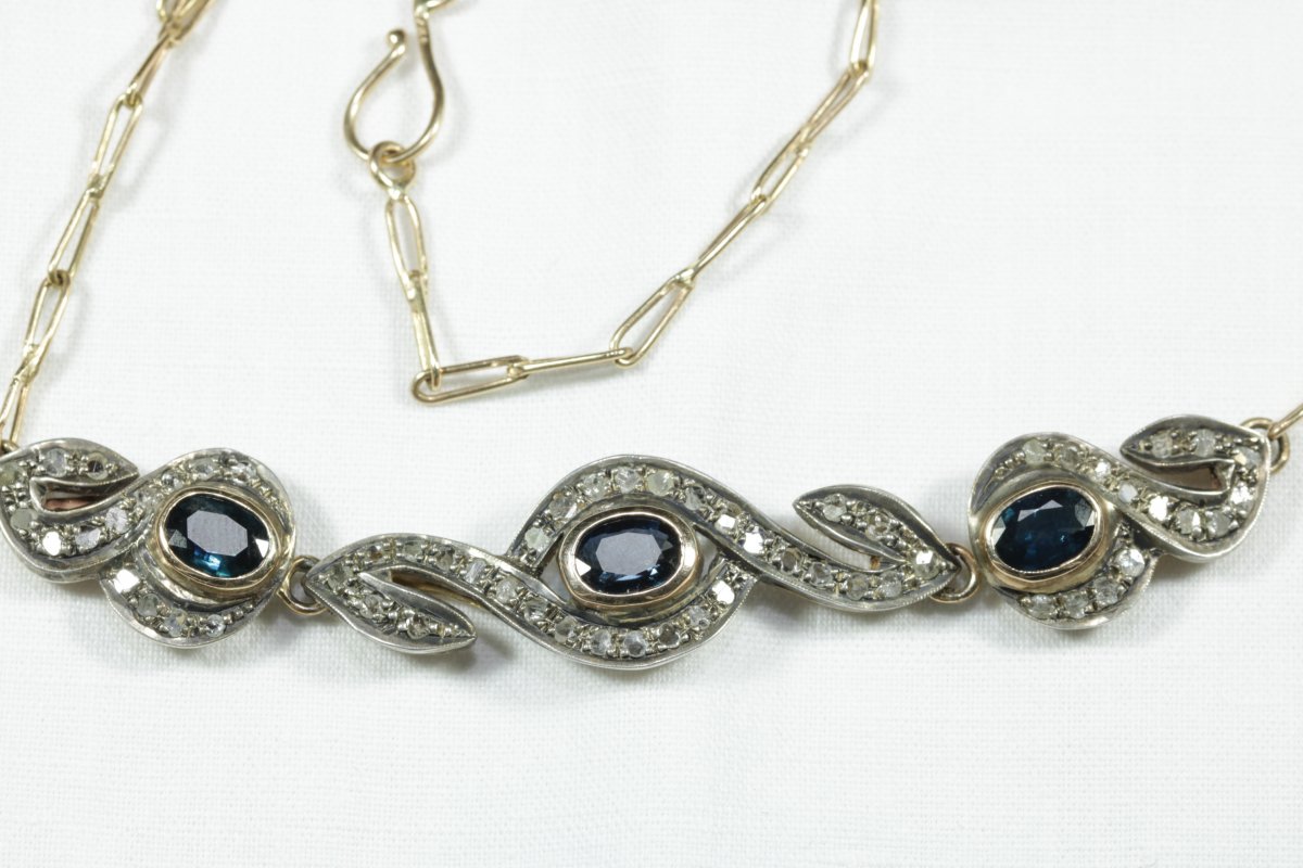 Antique Gold Sapphire Diamond Necklace-photo-2