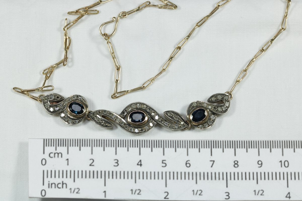 Antique Gold Sapphire Diamond Necklace-photo-2