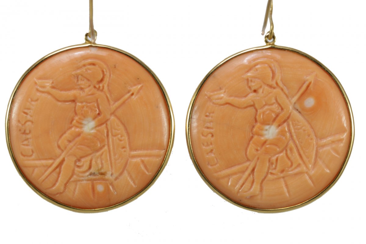 Vintage Coral Cameos  Gold Earrings-photo-1