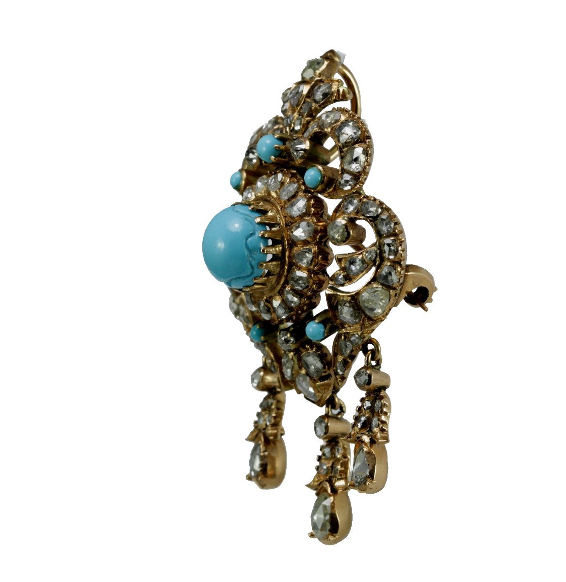 Antique Diamonds Turquoise Gold Brooch-photo-2