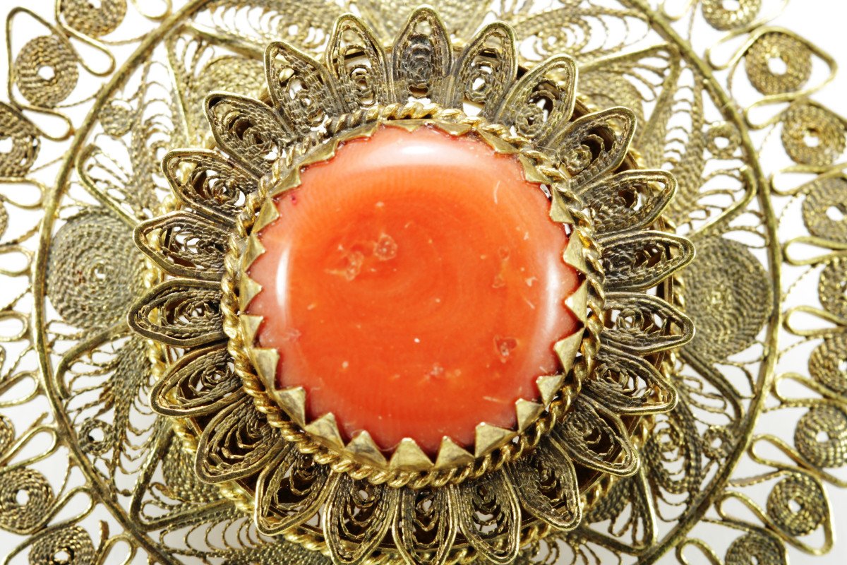 Pendentif Ancienne Or Filigranee Corail-photo-4