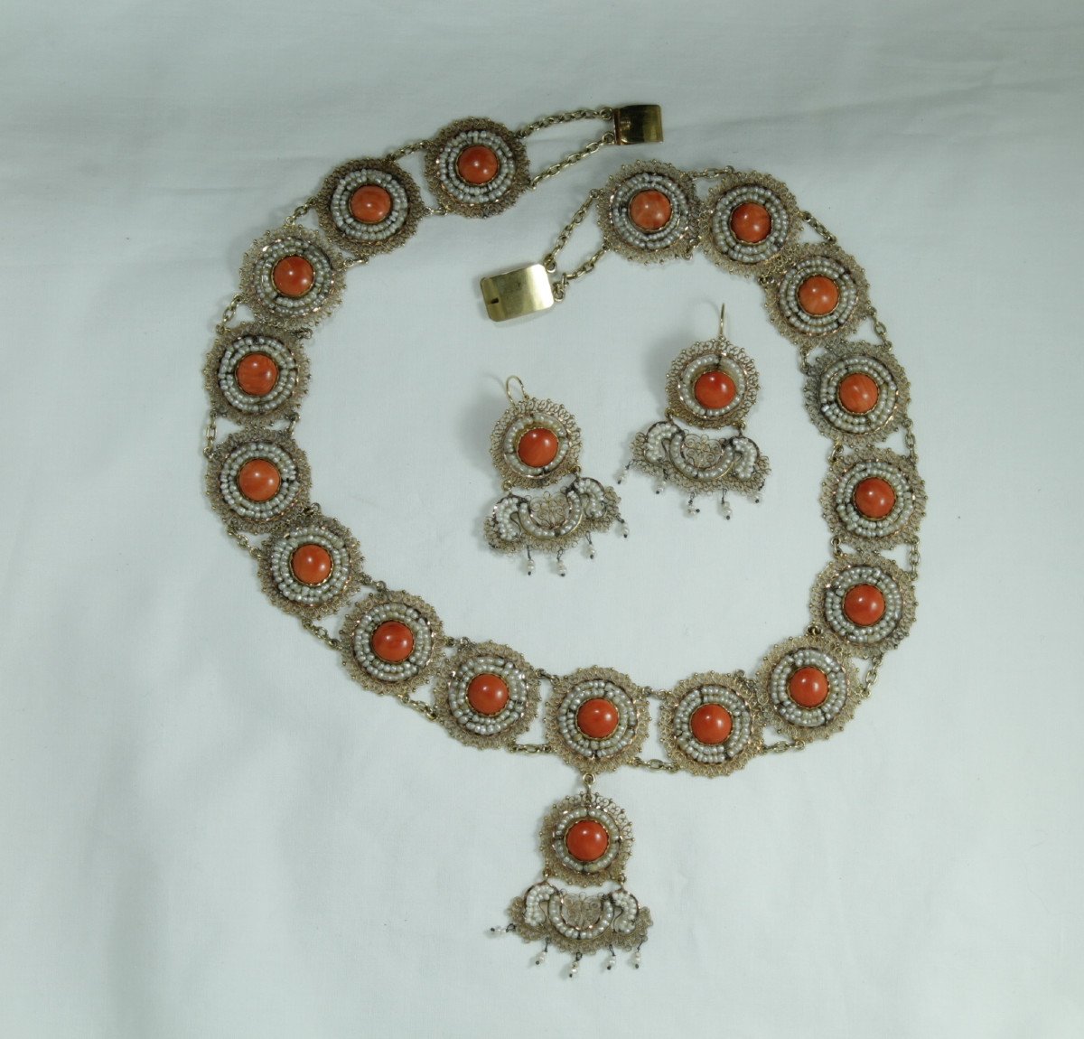 Collier Boucles d'Oreilles Anciennes Or Corail Perles