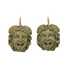 Boucles d'Oreilles Anciennes Or Camee De Lave