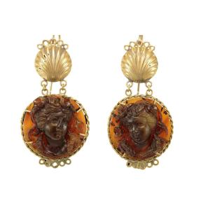 Antique Turtleshell Cameos Gold Earrings