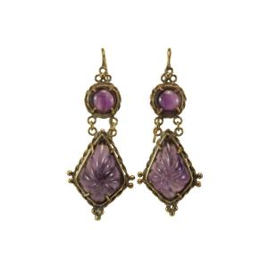 Boucles d'Oreilles Anciennes Or Amethyste