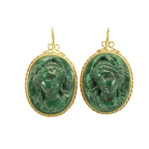 Boucles d'Oreilles Anciennes Or Malachite Sculptee