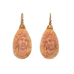 Boucles d'Oreilles Anciennes Or Corail Camee