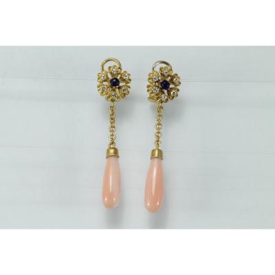 Vintage Coral Diamonds Sapphire Gold Earrings