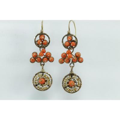 Boucles d'Oreilles Anciennes Or Corail Perles Fines