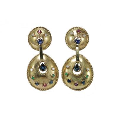 Boucles d'Oreilles Vintage Or Diamants Saphires Emerauds Rubis