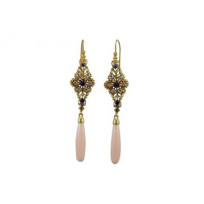 Boucles d'Oreilles Vintage Or  Corail Saphires Diamants