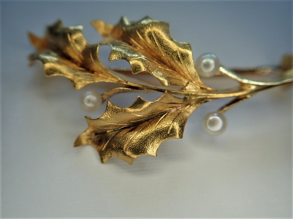 Art Nouveau Brooch Holly Branch 18 Carat Gold And Pearls-photo-2