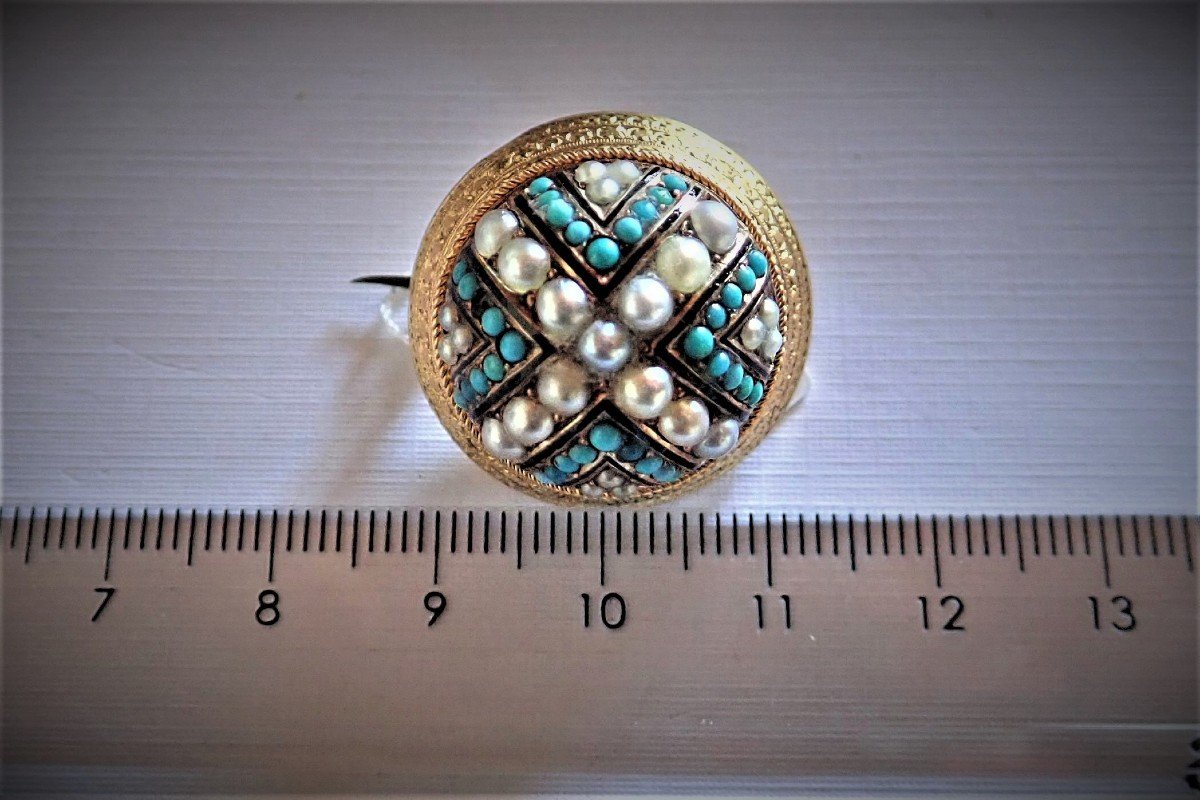 Vintage broche or sertie de perles et turquoises-photo-2