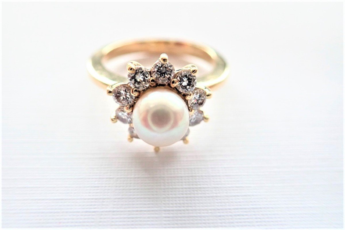 Bague or perle entourage diamants-photo-3