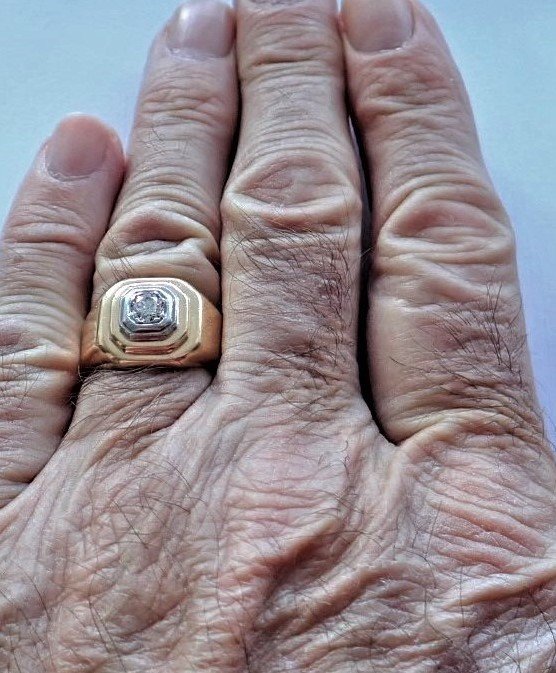 Yellow And White Gold Signet Ring Set With A Diamond -photo-4