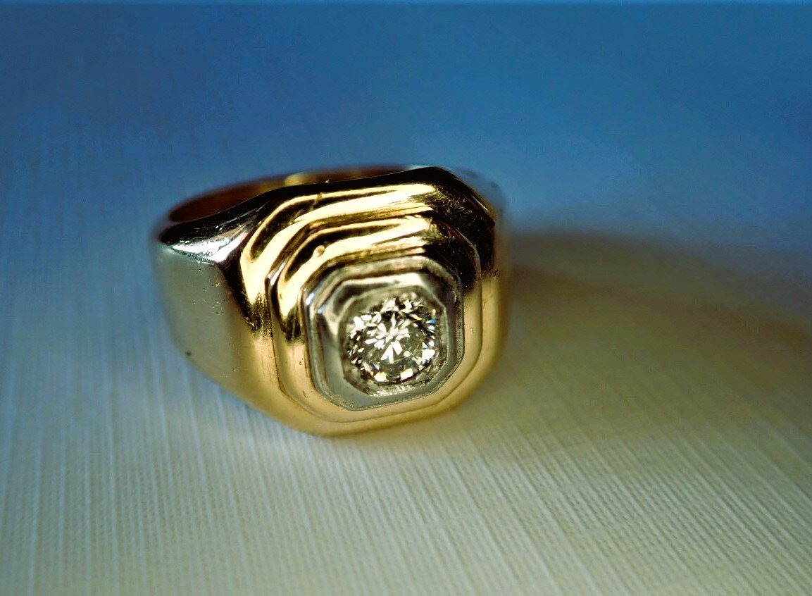 Yellow And White Gold Signet Ring Set With A Diamond 