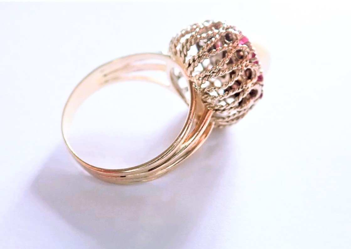 Bague perle or 18 carats  sertie de pierres rouges -photo-2