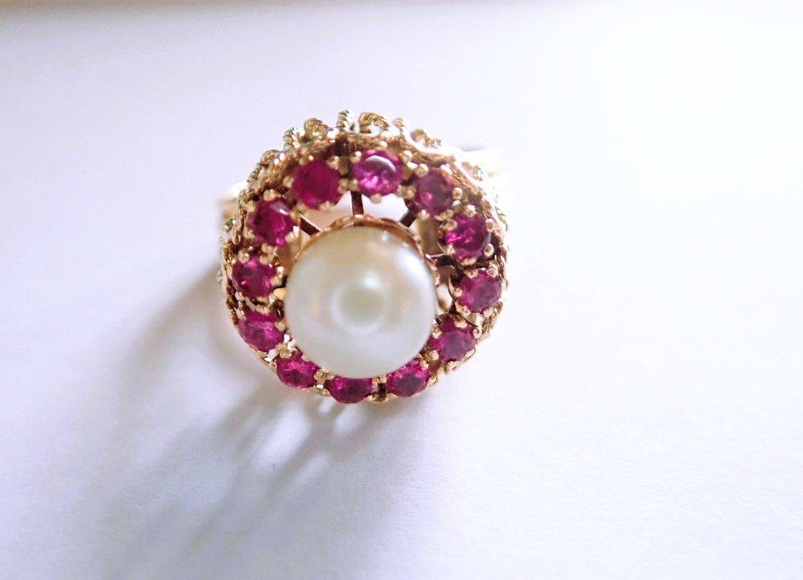 Bague perle or 18 carats  sertie de pierres rouges -photo-3