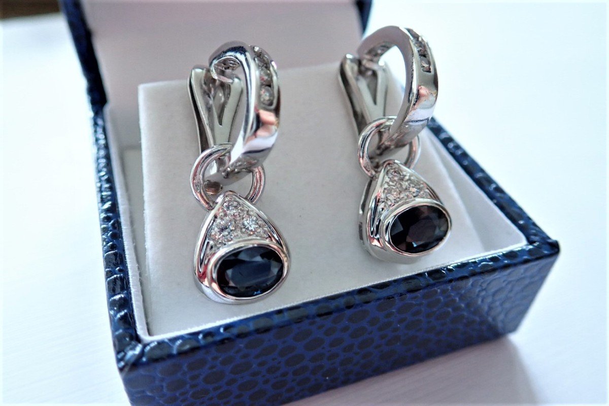 Pair Of 18k White Gold Sapphire And Diamond Earrings-photo-3