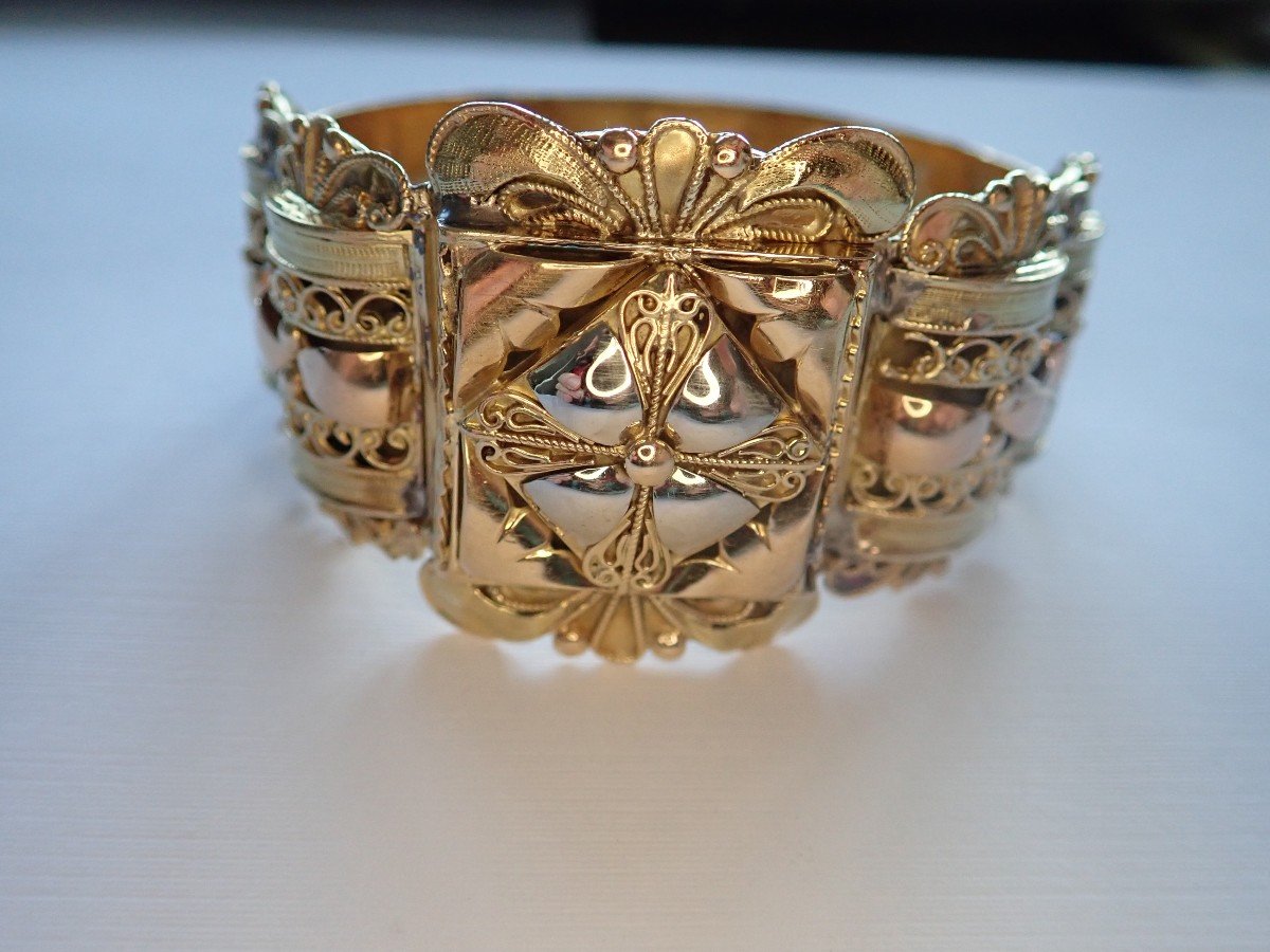 3 Gold Bracelet With Articulated Filigree Opening Bangle-photo-2