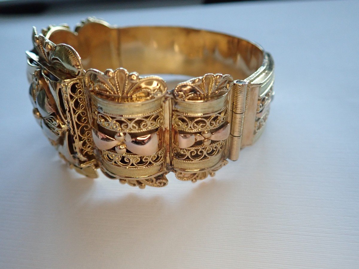 3 Gold Bracelet With Articulated Filigree Opening Bangle-photo-3