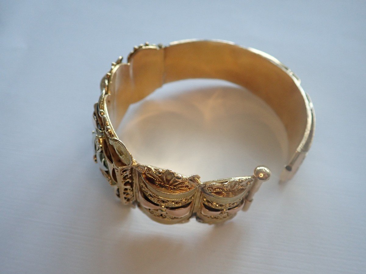 3 Gold Bracelet With Articulated Filigree Opening Bangle-photo-4