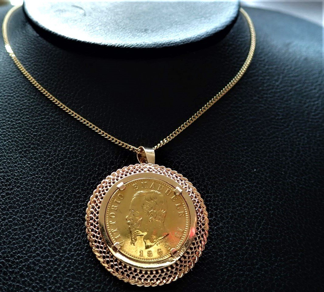 18 Carat Gold Pendant And Brooch Set With A 20 Lire Victor Emmanuel II Gold Coin-photo-3