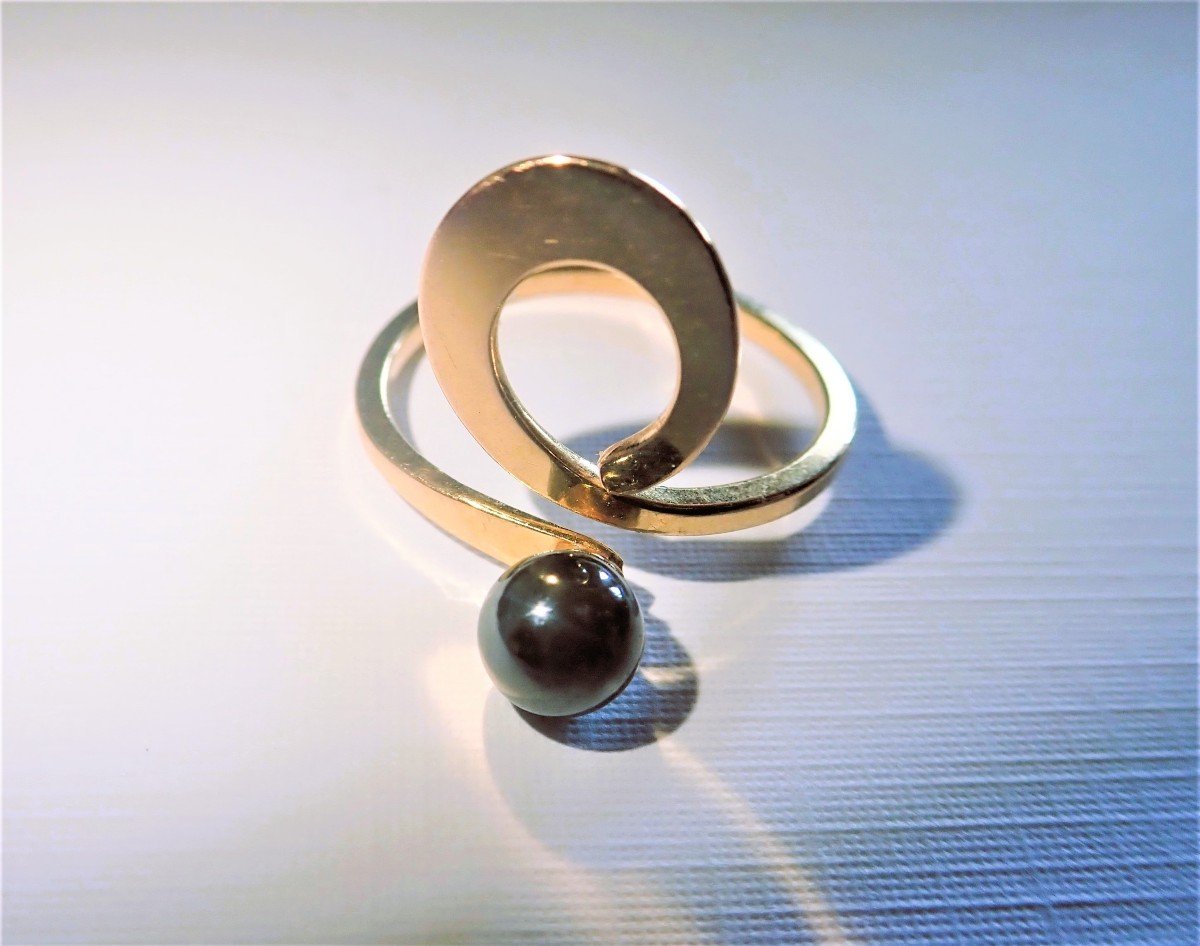 18k Gold Black Pearl 60s Ring-photo-3