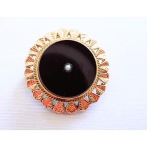 18k Gold Onyx And Pearl Brooch Pendant 