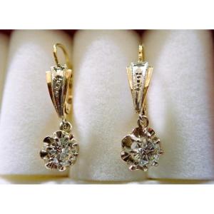 Paire de boucle d'oreille dormeuses diamants or Jaune et or blanc 18 carats