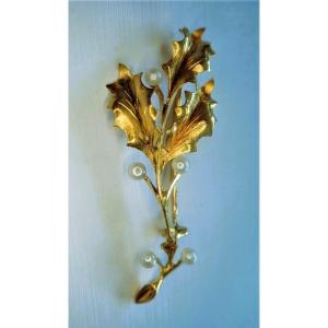 Art déco broche branche de Houx en or 18 carats