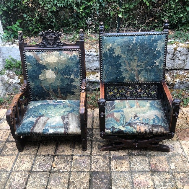 Two 19th Century Armchairs, In Oak, Neo-renaissance Style, Price For The Pair