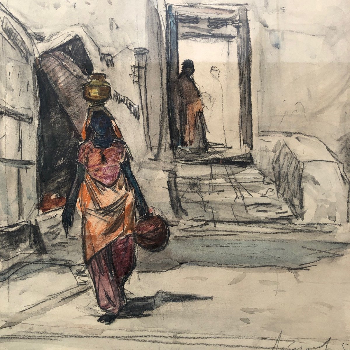 Orientalist Drawing, Enhanced With Watercolor, Water Carrier In The Casbah, Illegible Signed-photo-2