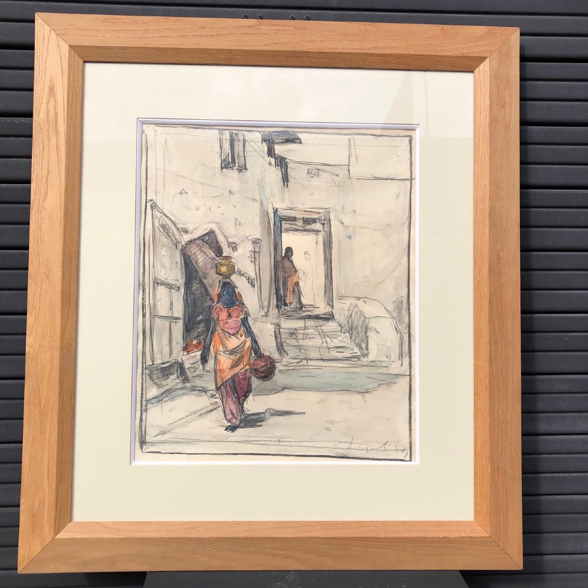 Orientalist Drawing, Enhanced With Watercolor, Water Carrier In The Casbah, Illegible Signed-photo-1