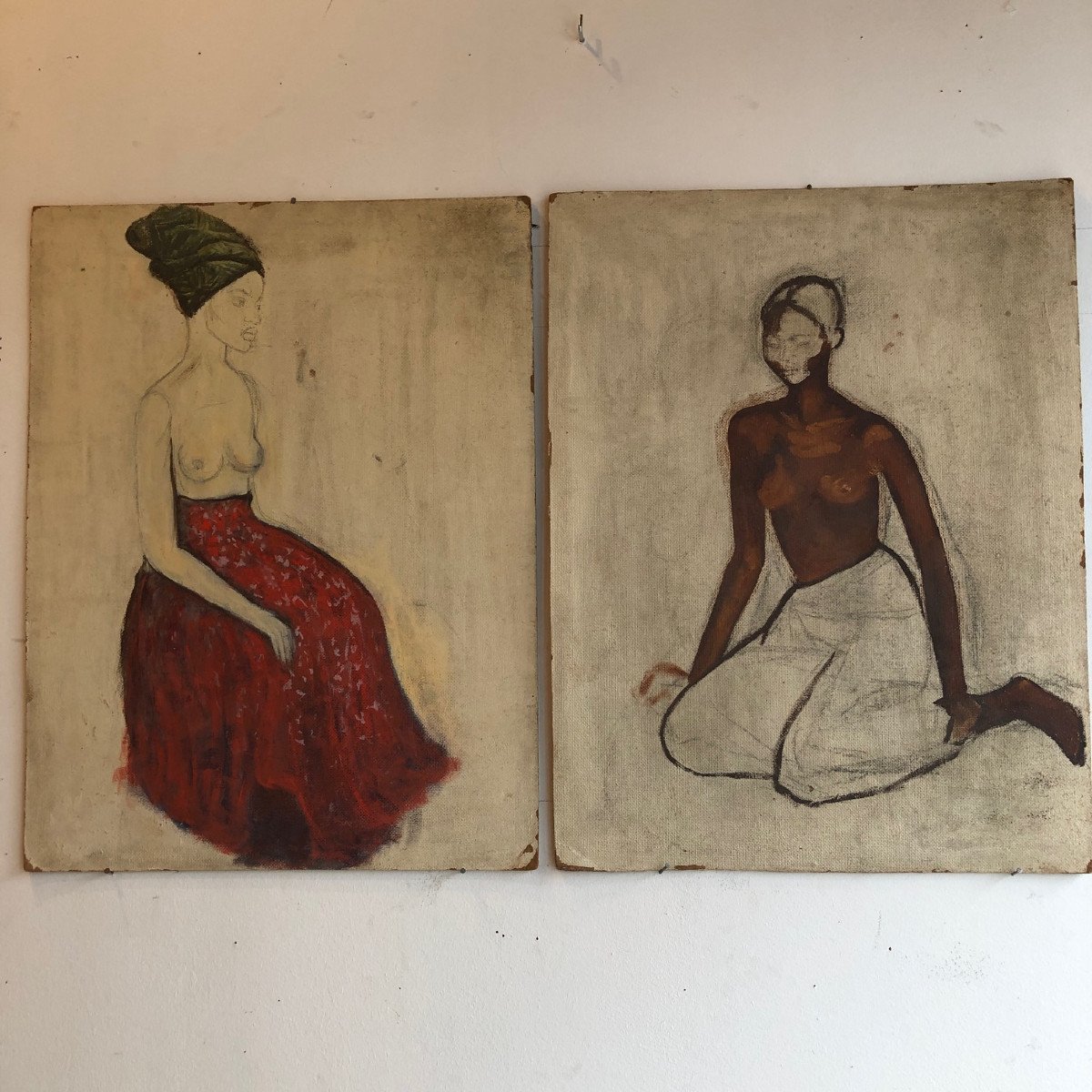 Two (2) Unfinished African Studies, Oil Painting And Pencil On Hardboard, Anonymous