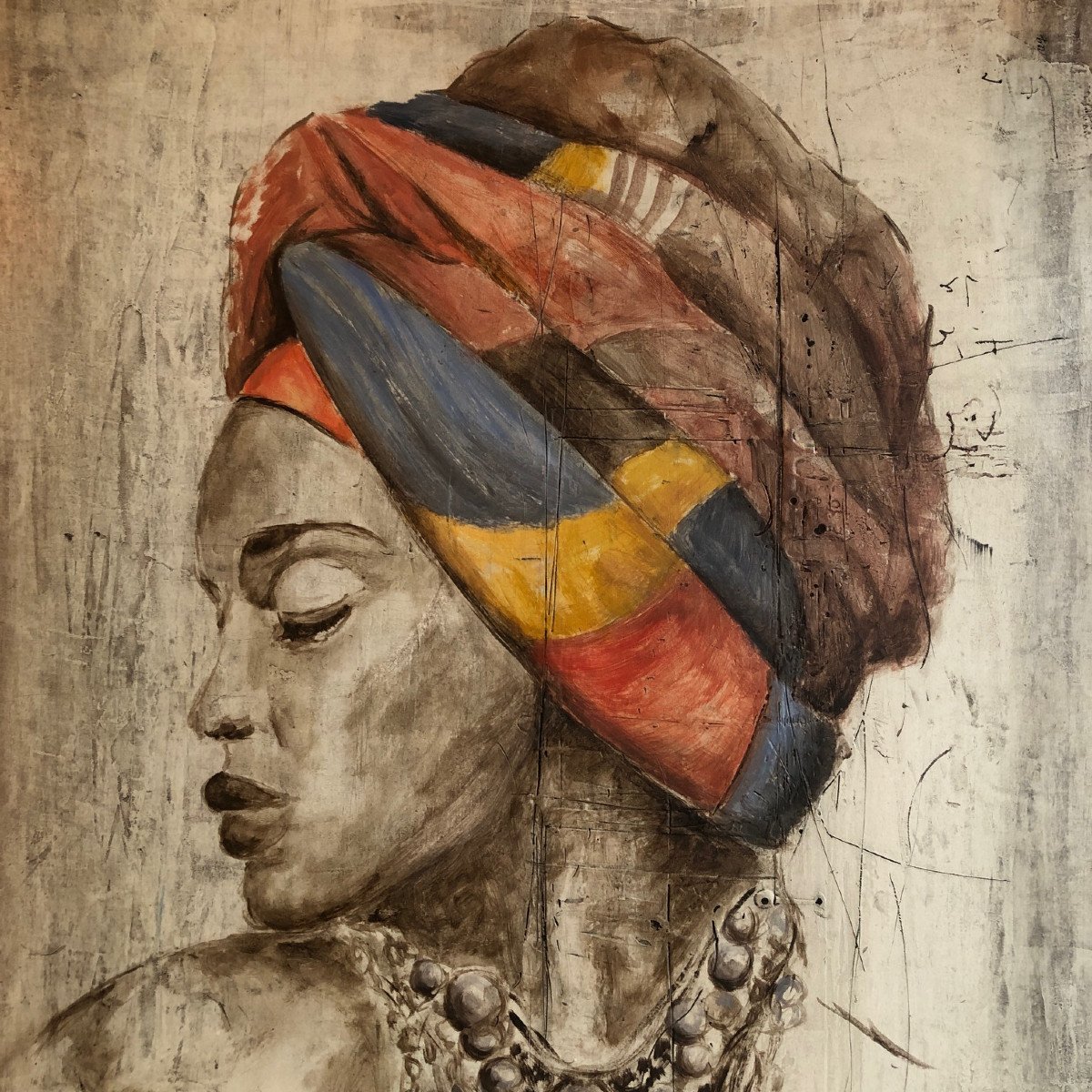 Study Of An African Woman Wearing A Headscarf (dhuku), Oil On Canvas-photo-2