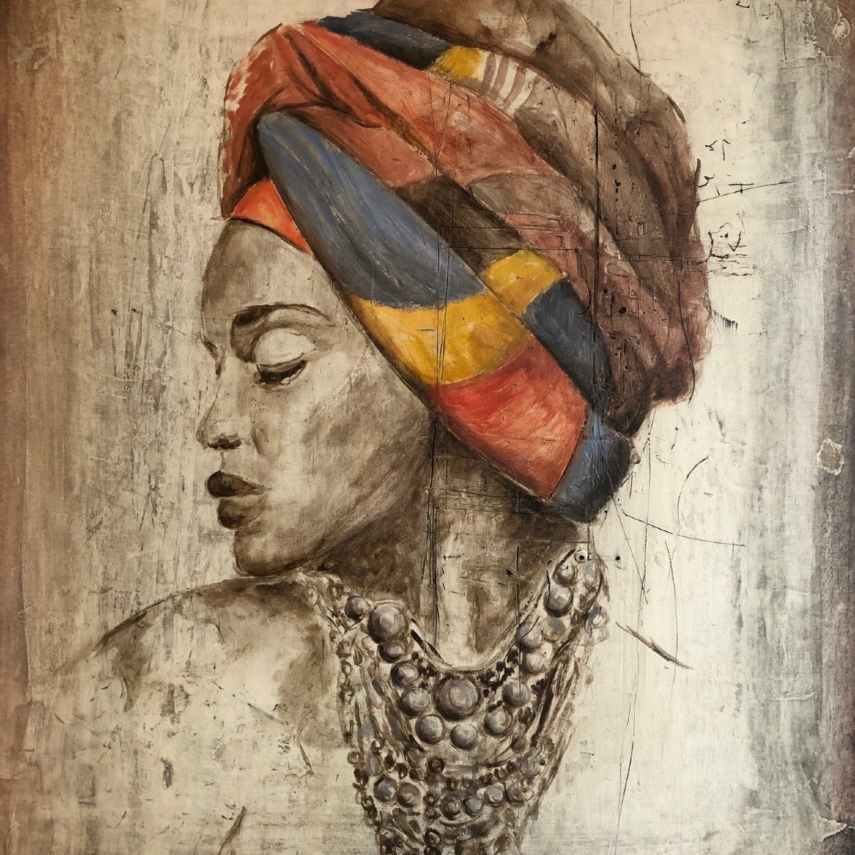 Study Of An African Woman Wearing A Headscarf (dhuku), Oil On Canvas-photo-3