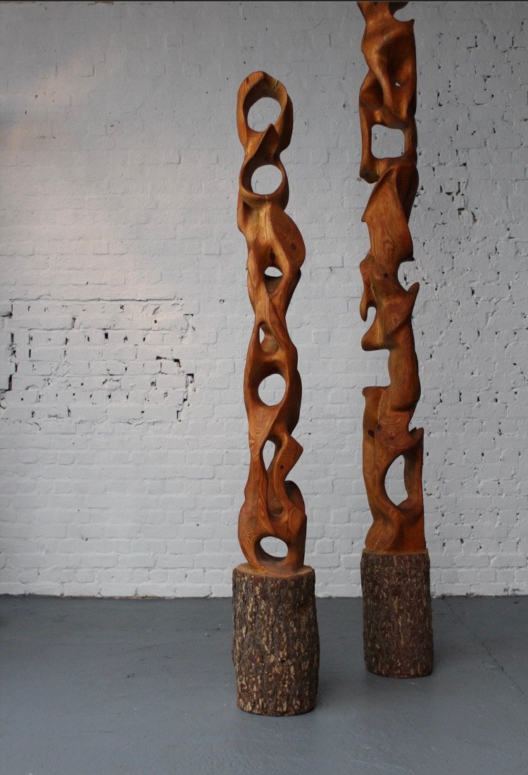 A Pair Of Sculptures Carved From The Trunk Of A Pine Tree By Marc Lampens Circa 1990