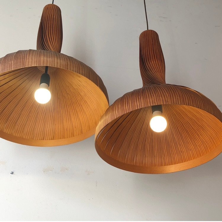 Set Of Seven (7) Pine Pendant Lamps, By Swedish Designer Hans-agne Jakobsson (1919-2009) -photo-2