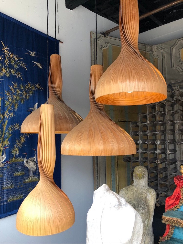 Set Of Seven (7) Pine Pendant Lamps, By Swedish Designer Hans-agne Jakobsson (1919-2009) -photo-5