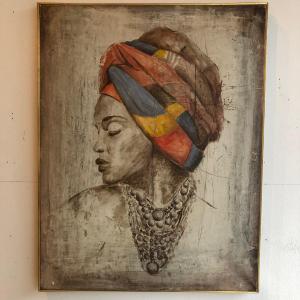 étude d’une africaine portant un foulard (dhuku) sur la tête , huile sur toile